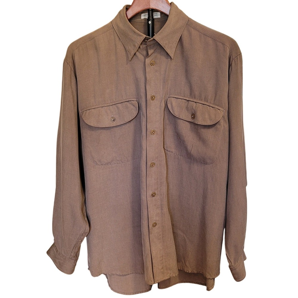Cypress Grove Silk Wool Shirt Taupe Brown Medium Button Down Mens Safari Luxury‎